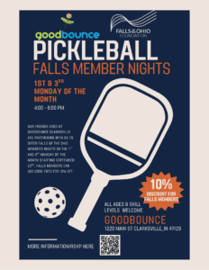 A poster for “Pickleball Falls Member Nights” by Goodbounce and Falls of Ohio Foundation, with pickleball paddle and ball graphics, event details, a 10% discount notice, and RSVP information at Goodbounce, Clarksville, IN.
