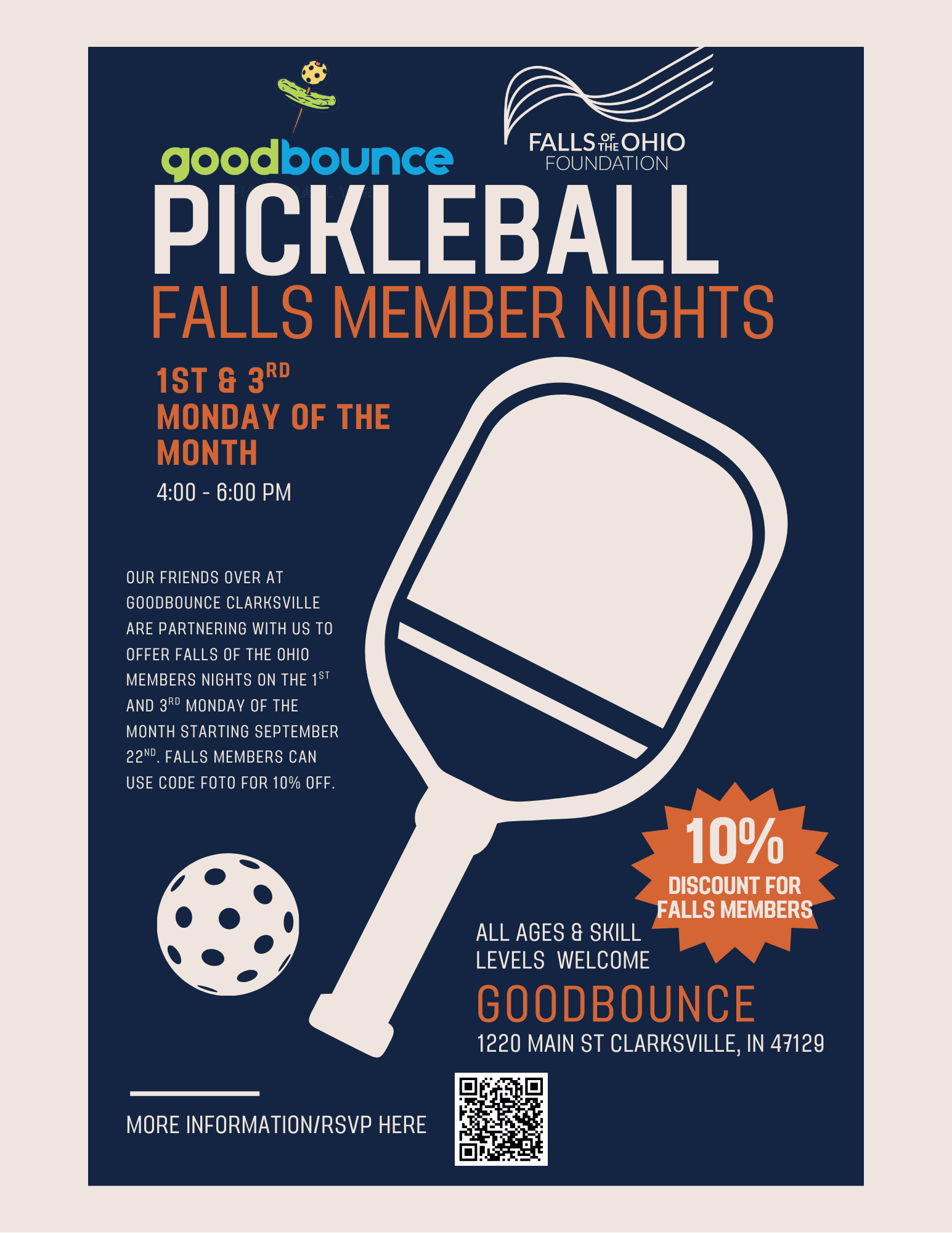 A poster for “Pickleball Falls Member Nights” by Goodbounce and Falls of Ohio Foundation, with pickleball paddle and ball graphics, event details, a 10% discount notice, and RSVP information at Goodbounce, Clarksville, IN.