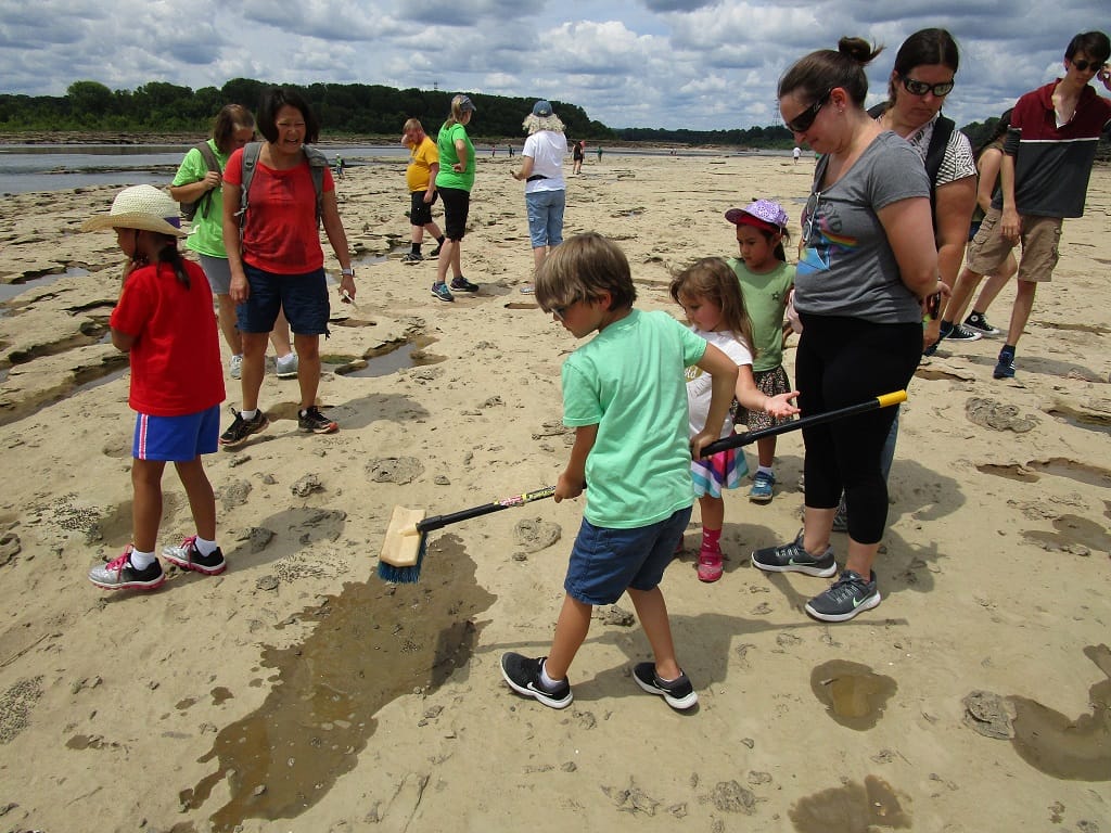A group of adults and children walk and explore a sandy, rocky area outdoors. One boy uses a brush on the ground while others watch. The sky is partly cloudy and there are trees in the background.