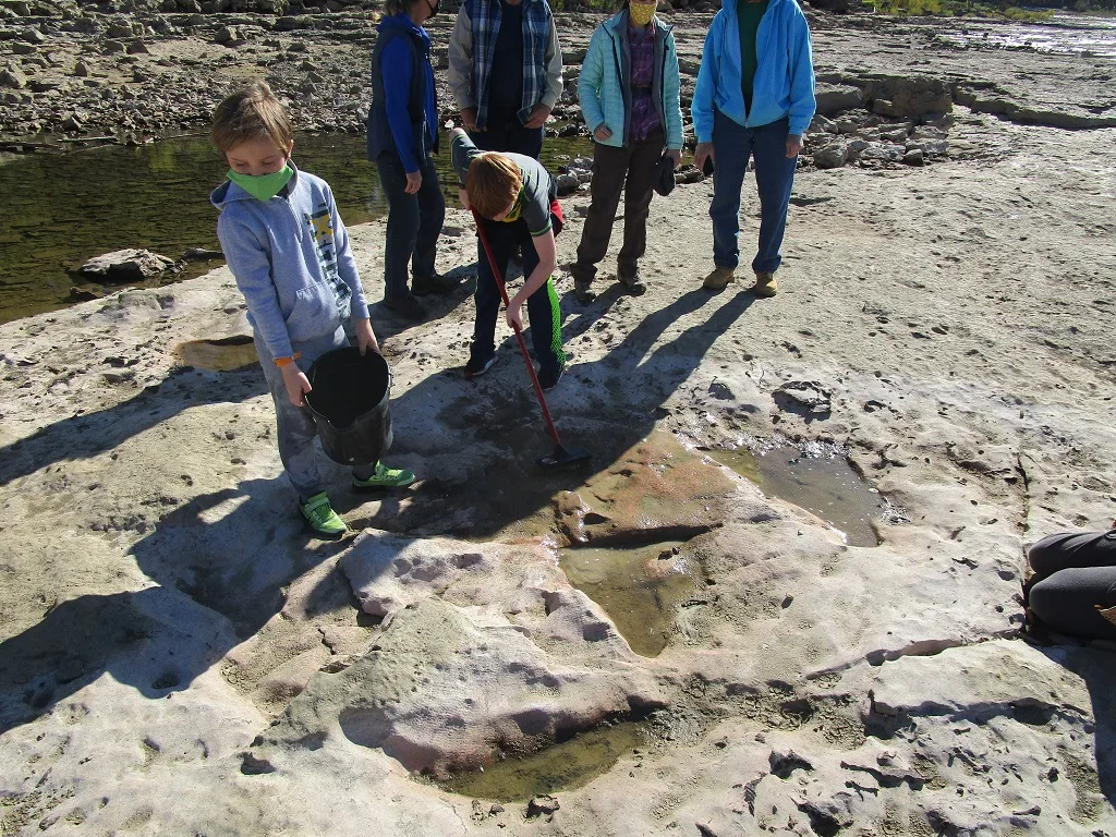 Several people, including children and adults, stand on rocky ground outdoors, examining large dinosaur footprints in the rock. One child is using a brush, and another holds a bucket near a shallow puddle.