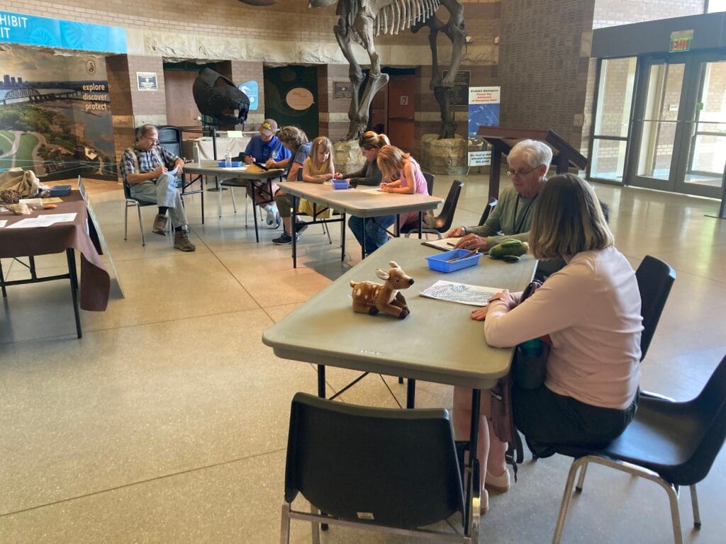 People sit at tables working on crafts or activities in a museum setting. Dinosaur skeletons and exhibit signs are visible in the background, and natural light comes through large windows.