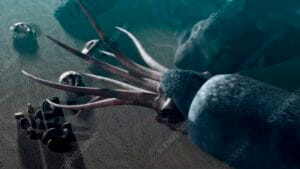 Digital illustration of a prehistoric cephalopod with long tentacles on the seafloor, surrounded by several trilobites, depicting an ancient marine environment.