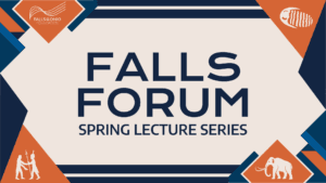 A white rectangular sign with blue and orange lines.