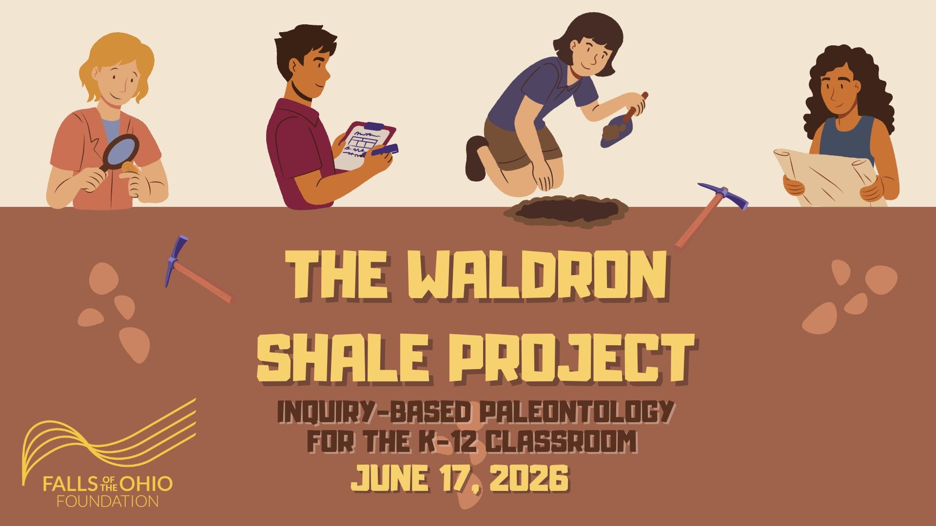 Four illustrated people study fossils and rocks using tools and notebooks. Text reads: “The Waldron Shale Project: Inquiry-Based Paleontology for the K-12 Classroom, June 17, 2026.” Falls of the Ohio Foundation logo is shown.