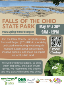 Promotional flyer for Falls of the Ohio State Park: 2026 Spring Weed Wrangles event on May 9 & 30, 9AM-12PM, focusing on removing invasive garlic mustard; RSVP details and outdoor attire recommendations included.