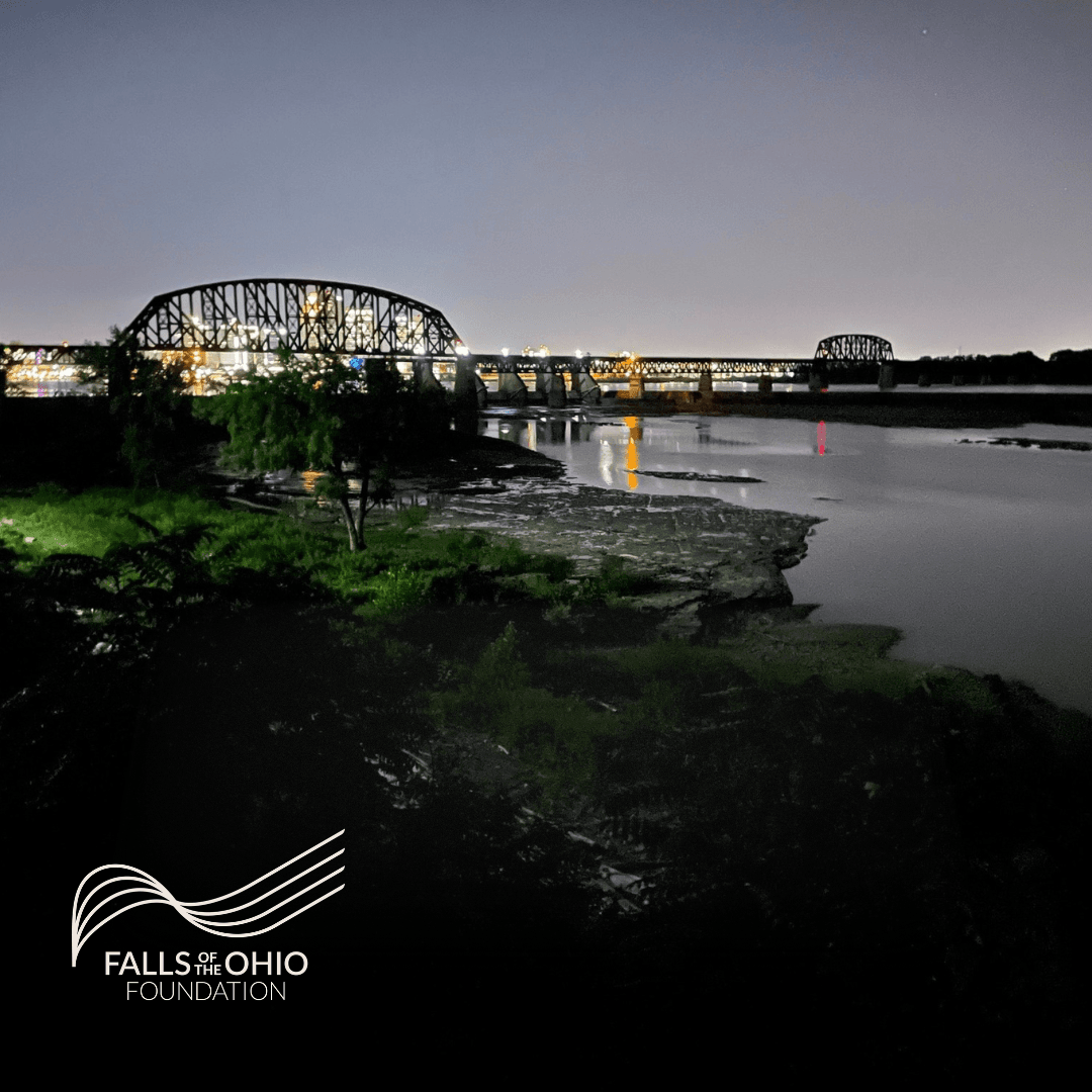 A nighttime view of a bridge with lights reflecting on the river below, surrounded by trees and dark greenery. The “Falls of Ohio Foundation” logo appears in the lower left corner.