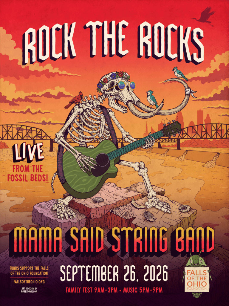 A woolly mammoth skeleton with a guitar and birds on its tusks plays music by the river, promoting Rock the Rocks with Mama Said String Band, September 26, 2026, at Falls of the Ohio.