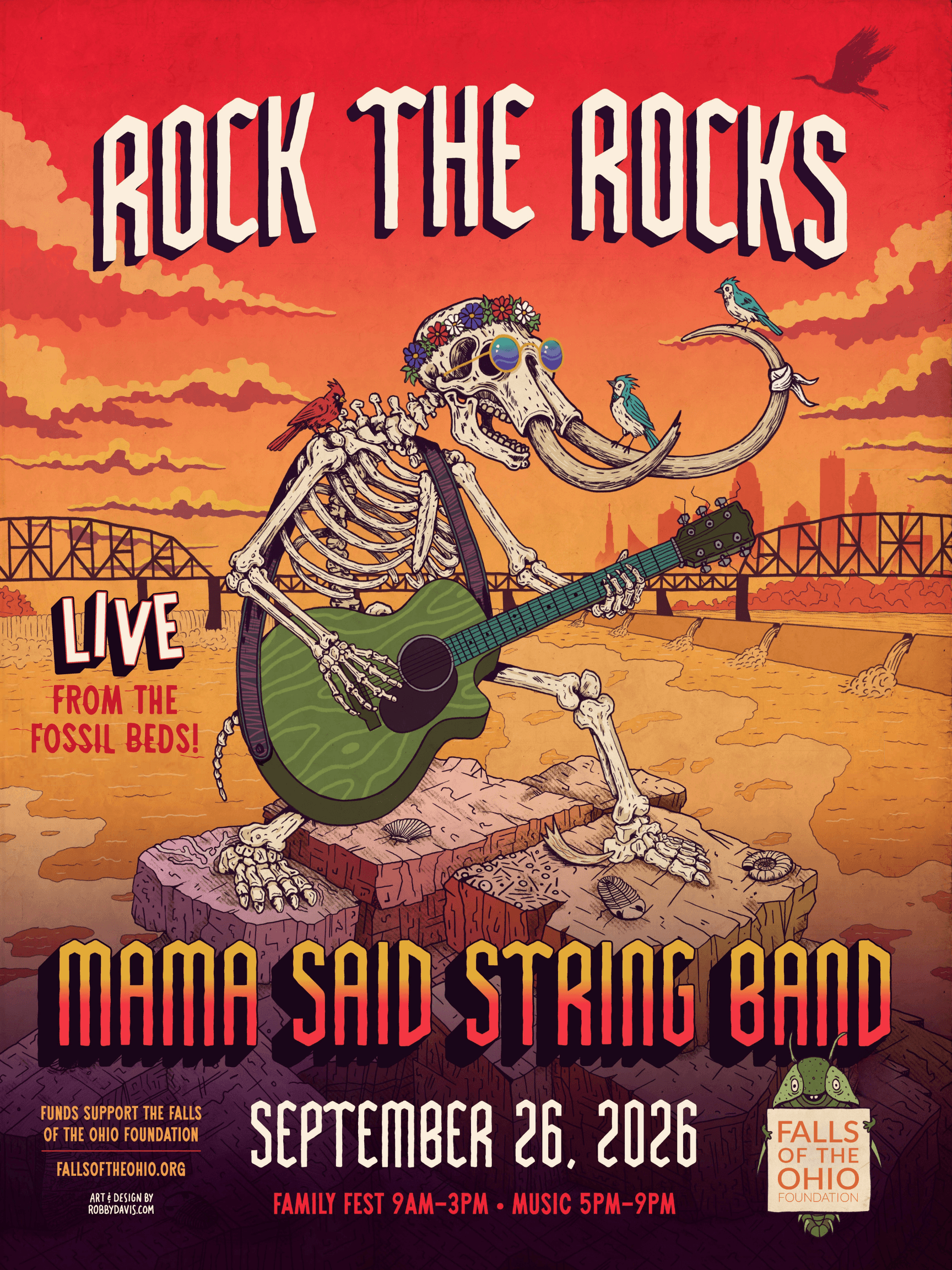 A woolly mammoth skeleton with a guitar and birds on its tusks plays music by the river, promoting Rock the Rocks with Mama Said String Band, September 26, 2026, at Falls of the Ohio.