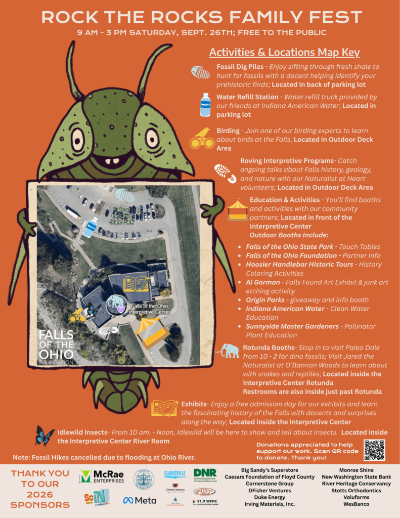 Colorful festival poster with a cartoon green creature holding a magnifying glass. Event details, activities list, sponsor logos, and fun family activities text are shown, promoting the Rock the Rocks Family Fest at Falls of the Ohio.