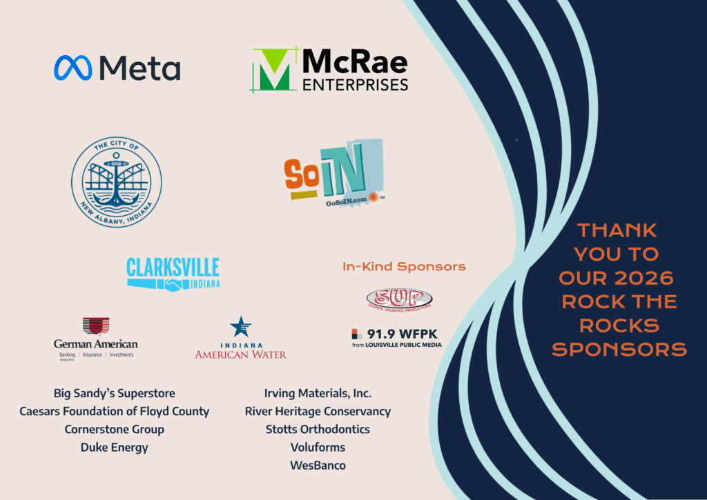 Sponsor thank-you graphic for the 2026 Rock the Rocks event, featuring logos for Meta, McRae Enterprises, and several organizations, along with a list of in-kind sponsors and participating businesses on a blue and cream background.